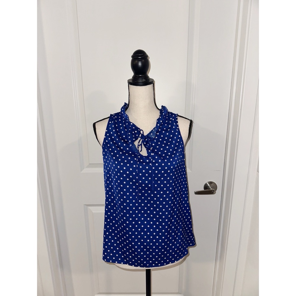 4/$13 J. Crew Blue and White Tie Front Ruffled Blouse - Picture 2 of 7